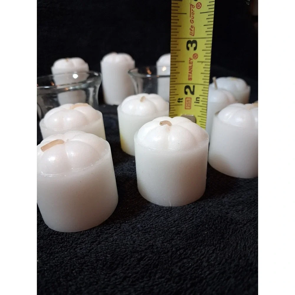 14 White Pumpkin Votive Candles and 2 Glass Holders Fall Thanksgiving Decor Set